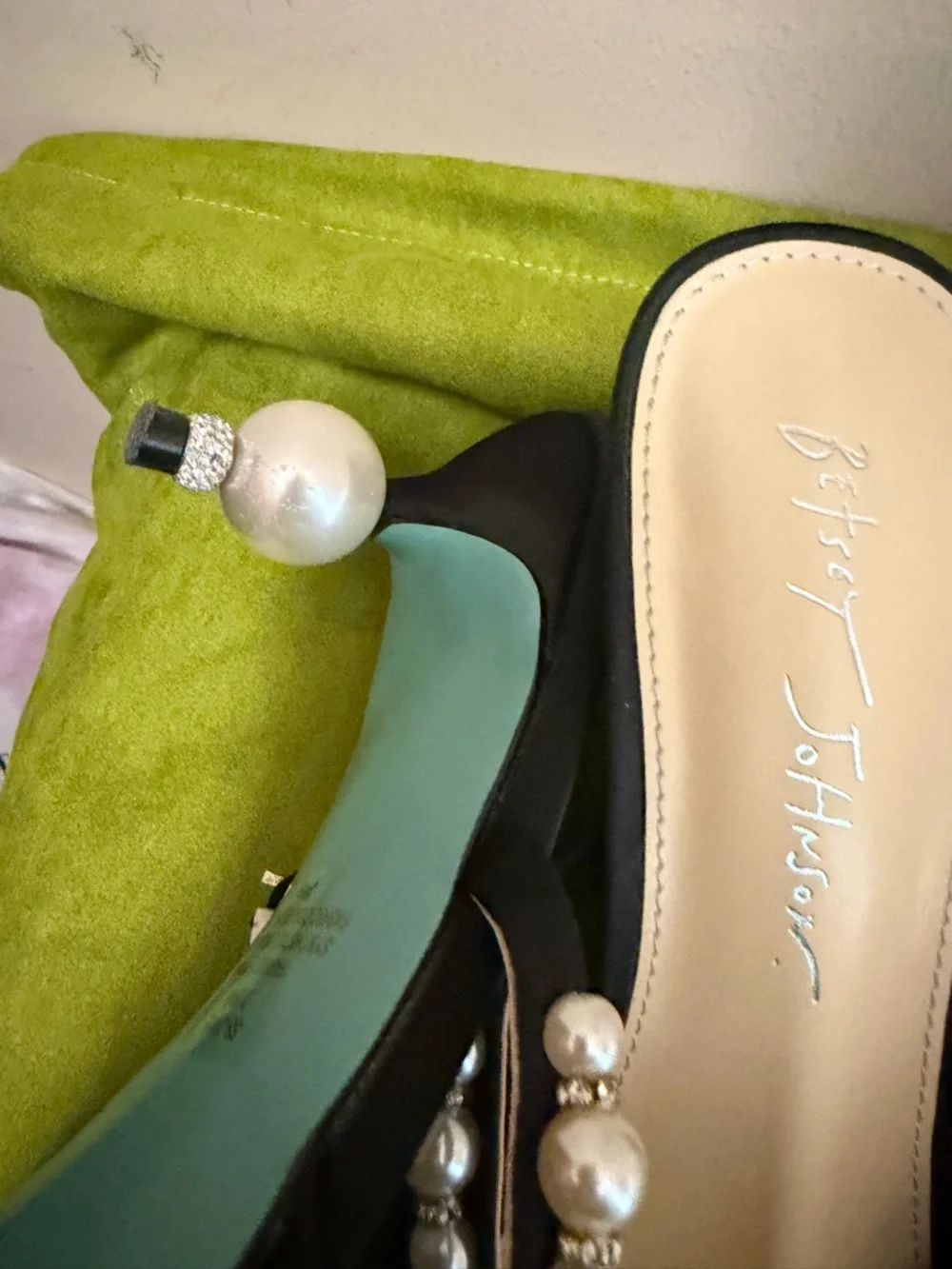 Betsey Johnson Black Pointed Mesh Mules with Pearl Strap - Picture 6 of 7